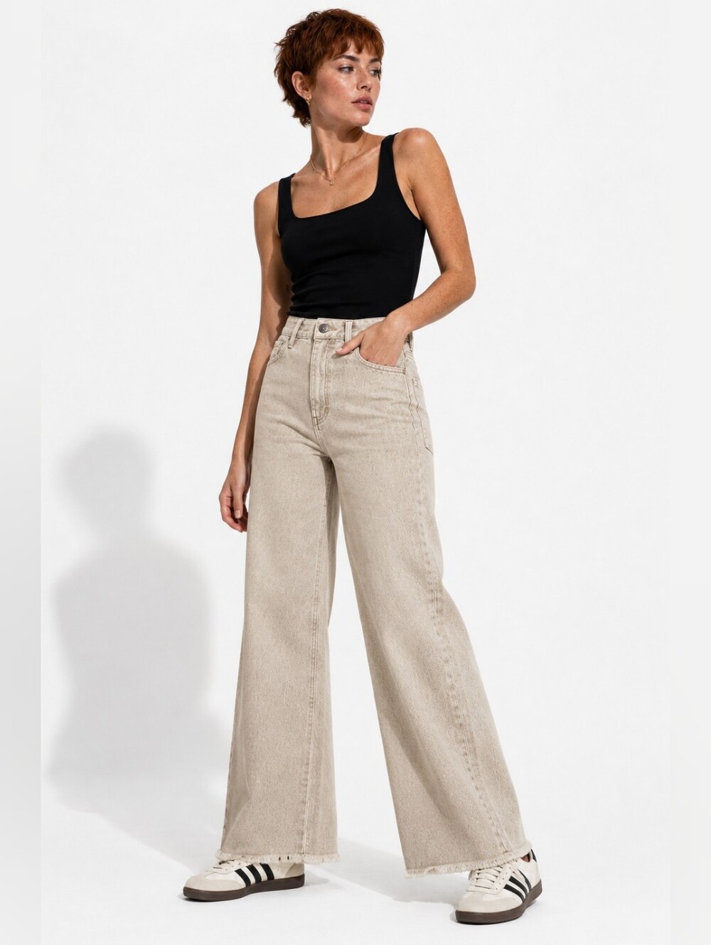 OAT New York Stone Beige High Rise Wide Leg Patch Pocket Jeans 8/29